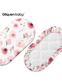 GLLQUEN BABY 2件套婴儿床单套装，透气贴身床垫套，弹性旅行婴儿床寝具，花卉图案，男女宝宝通用，32英寸 x 16英寸，Oeko-Tex认证（奶油玫瑰色） - 奶油色的玫瑰 - 查看 3