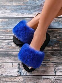 Women's Plush Solid Color Decorative Slippers, Leisure Style Four Seasons Eva Sole Flat Slippers - Blue - View 4