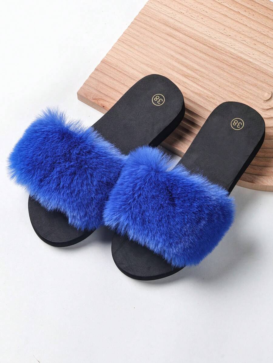 Women's Plush Solid Color Decorative Slippers, Leisure Style Four Seasons Eva Sole Flat Slippers - Blue - View 1