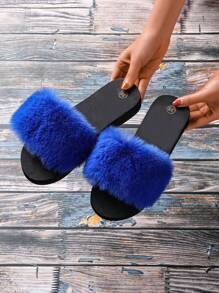 Women's Plush Solid Color Decorative Slippers, Leisure Style Four Seasons Eva Sole Flat Slippers - Blue - View 3