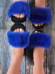 Women's Plush Solid Color Decorative Slippers, Leisure Style Four Seasons Eva Sole Flat Slippers - Blue - View 5