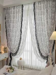 巴洛克風格浪漫法式窗簾,1片裝,適用於臥室和家居客廳,輕奢高端重負荷窗簾,可日常使用和浪漫約會,保溫隔熱和防紫外線,僅窗簾出售,薄紗另售 - 黑色 - 查看 1