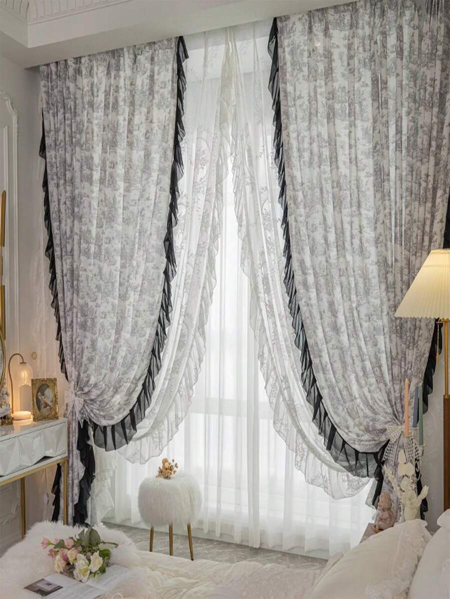 巴洛克風格浪漫法式窗簾,1片裝,適用於臥室和家居客廳,輕奢高端重負荷窗簾,可日常使用和浪漫約會,保溫隔熱和防紫外線,僅窗簾出售,薄紗另售 - 黑色 - 查看 1