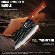 1 Pcs Meat Cleaver Hand Forged Chef Knife High Carbon Steel Kitchen Butcher Knife With Full Tang Handle Leather Sheath Chopping Knife For Kitchen, Camping, BBQ (6.3 In) - màu đen - Xem 6