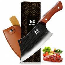 1 Pcs Meat Cleaver Hand Forged Chef Knife High Carbon Steel Kitchen Butcher Knife With Full Tang Handle Leather Sheath Chopping Knife For Kitchen, Camping, BBQ (6.3 In) - màu đen - Xem 1