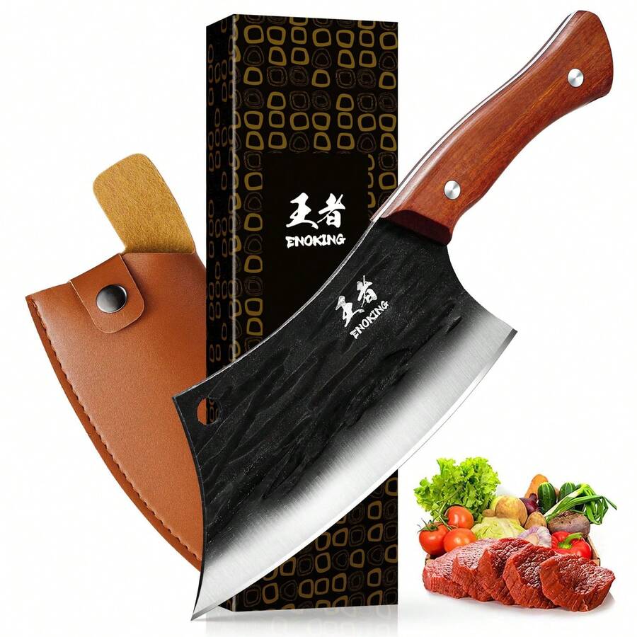 1 Pcs Meat Cleaver Hand Forged Chef Knife High Carbon Steel Kitchen Butcher Knife With Full Tang Handle Leather Sheath Chopping Knife For Kitchen, Camping, BBQ (6.3 In) - màu đen - Xem 1
