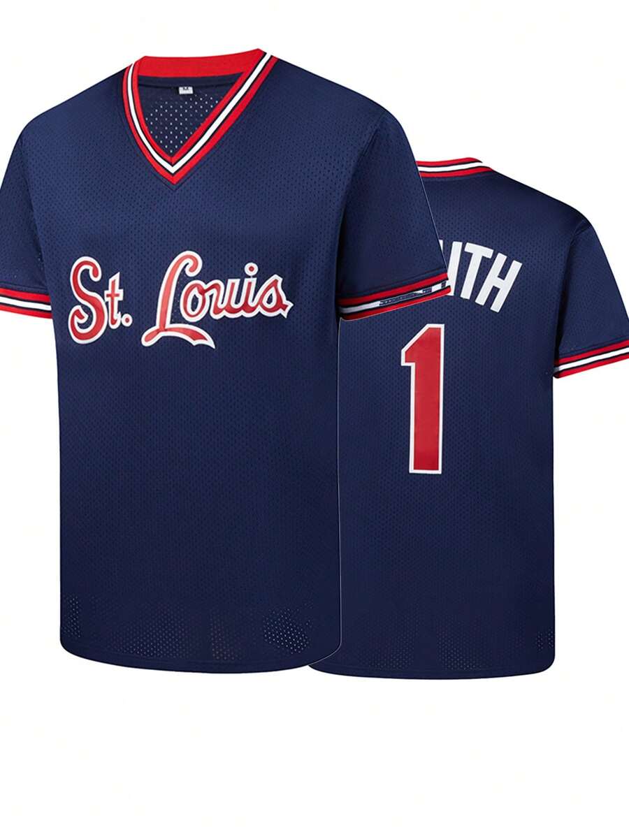 1pc Men's Blue Baseball Jersey Loose Sports T-Shirt With Embroidery - Blue - View 1