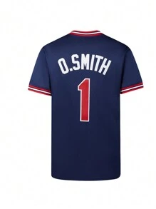 1pc Men's Blue Baseball Jersey Loose Sports T-Shirt With Embroidery - Blue - View 2