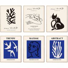 6入組大師藝術印刷品抽象馬蒂斯牆面裝飾展覽海報,復古藍色藝術印刷品,為富有美感的臥室裝飾而設,無框畫 - 款式 E - 查看 1