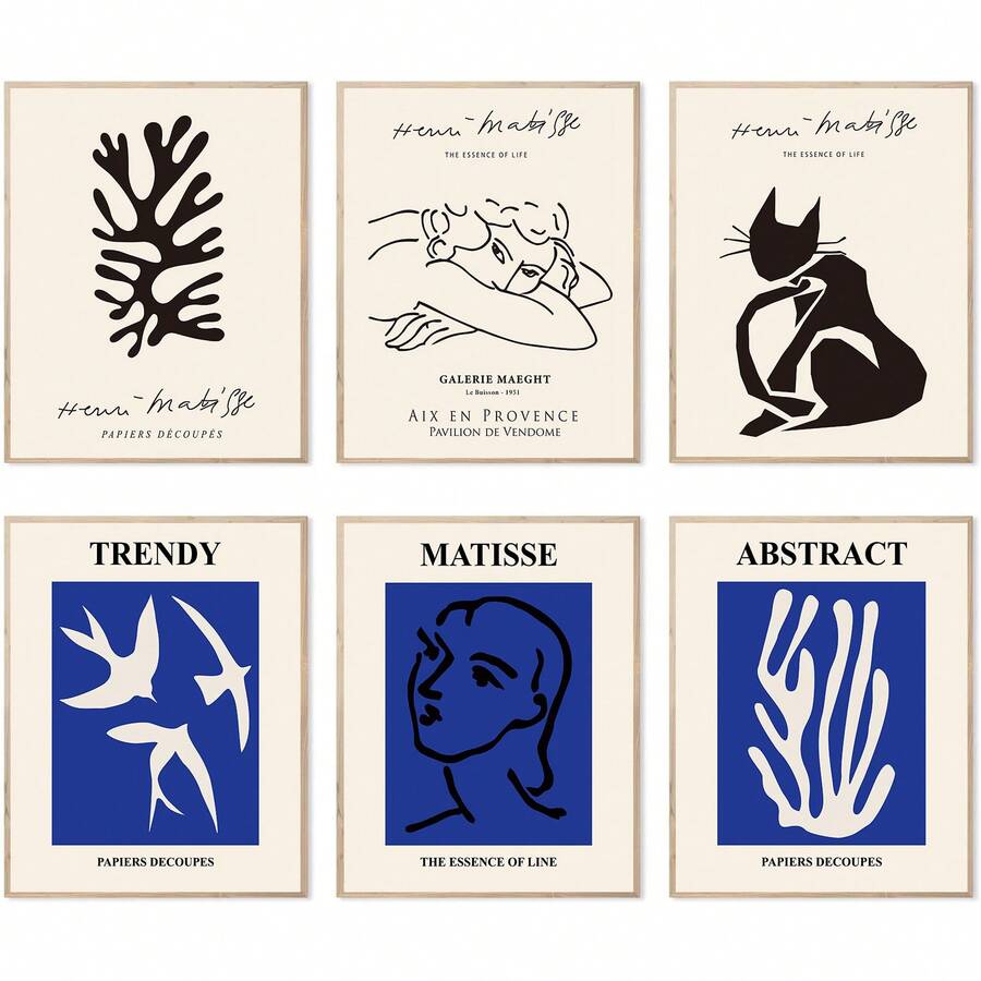 6入組大師藝術印刷品抽象馬蒂斯牆面裝飾展覽海報,復古藍色藝術印刷品,為富有美感的臥室裝飾而設,無框畫 - 款式 E - 查看 1