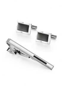 一對經典黃銅黑色袖扣和銀黑色領帶夾套裝,可作為給丈夫的禮物 - 銀色 - 查看 7