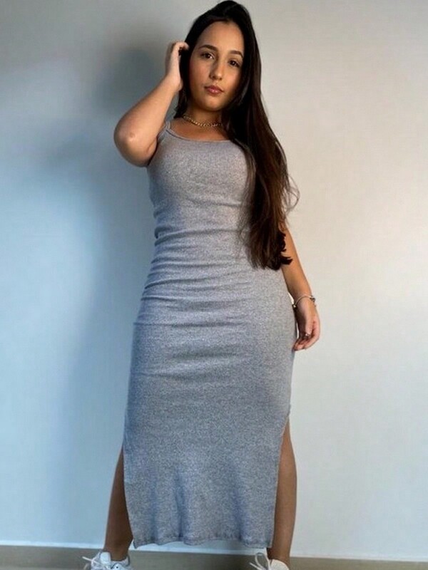 Vestido Midi Canelado Alcinha Com Fendas