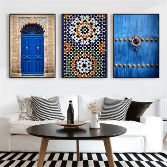 3pcs Moroccan Door Blue City Poster Arabic Architecture Canvas Painting Travel Landscape Wall Art Living Room Decoration Home Decor, No Frame