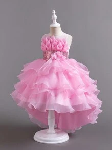 少女新款派對禮服長禮服歐式蕾絲公主婚禮蓬蓬裙 - 粉色 - 查看 2