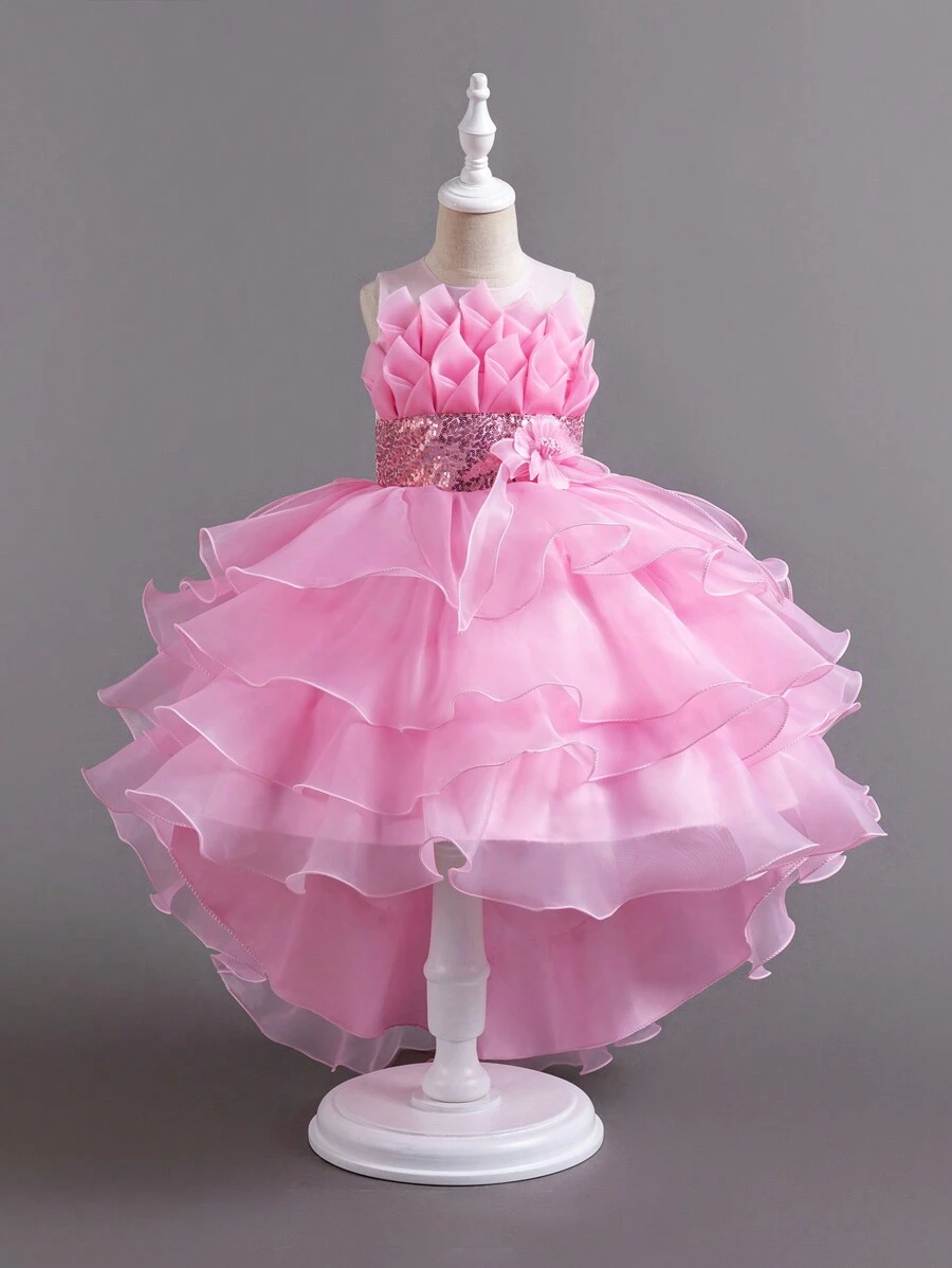 少女新款派對禮服長禮服歐式蕾絲公主婚禮蓬蓬裙 - 粉色 - 查看 1