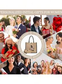 简约花朵字母印花亚麻手提包，简约旅行包，化妆包，大容量旅行手提包，圣诞节最佳教师礼物 - 卡其色 - 查看 8