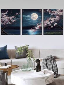 3入組美麗的夜景、月亮、花朵和水面藝術印刷品,適用於臥室、客廳、書房、餐廳、廚房、咖啡店、酒店牆壁裝飾,無框畫布油畫家居裝飾 - 彩色 - 查看 4