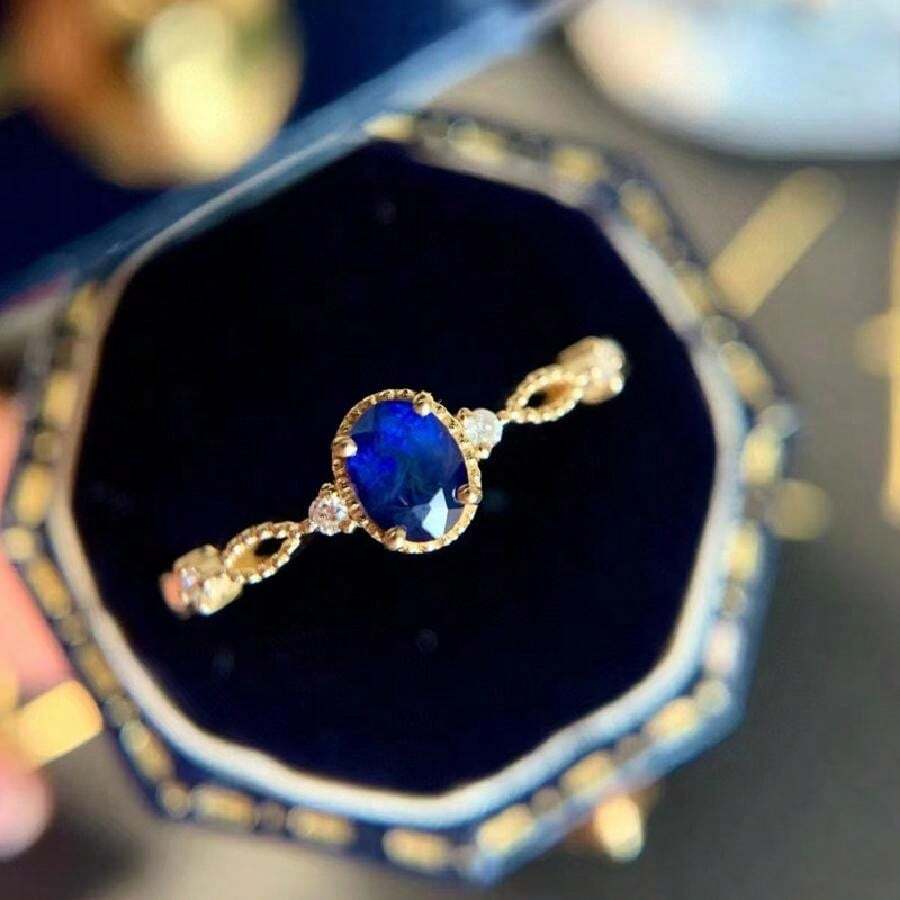 1入奢華日式鍍金戒指,簡約卵形花邊設置合成藍寶石,經典女性日常戒指 - 藍色寶石 - 查看 1