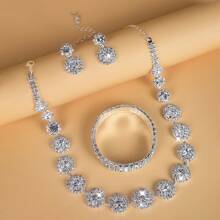 4pcs/set Full Diamond Circle Chain Necklace & Chain Bracelet & Drop Earrings For Women Wedding Bridal Jewelry - Silver - View 6