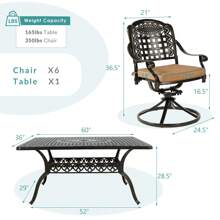 MEETWARM 7-Piece Outdoor Patio Dining Set, All-Weather Cast Aluminum Patio Conversation Set With 6 Cushioned Swivel Rocker Chairs For Backyard Garden Deck, 1 Rectangular Table - Đồng đậm/Tân - Xem 6