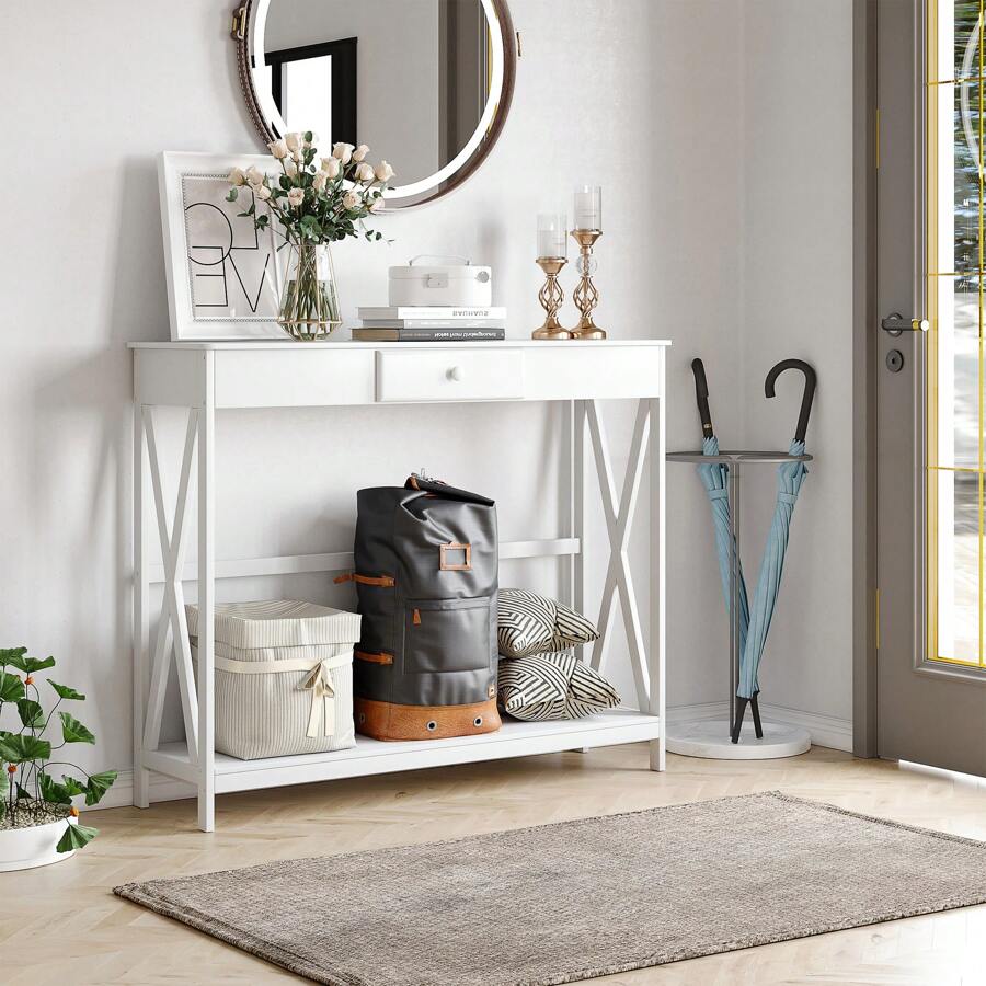 HOMCOM Mesa de Consola Clásica con 1 cajón y 1 Estante de Almacenaje para la Entrada el Pasillo o como Auxiliar en Salones y Comedores Estilo Elegante de 100x30x81cm Blanco - Blanco - Ver 1