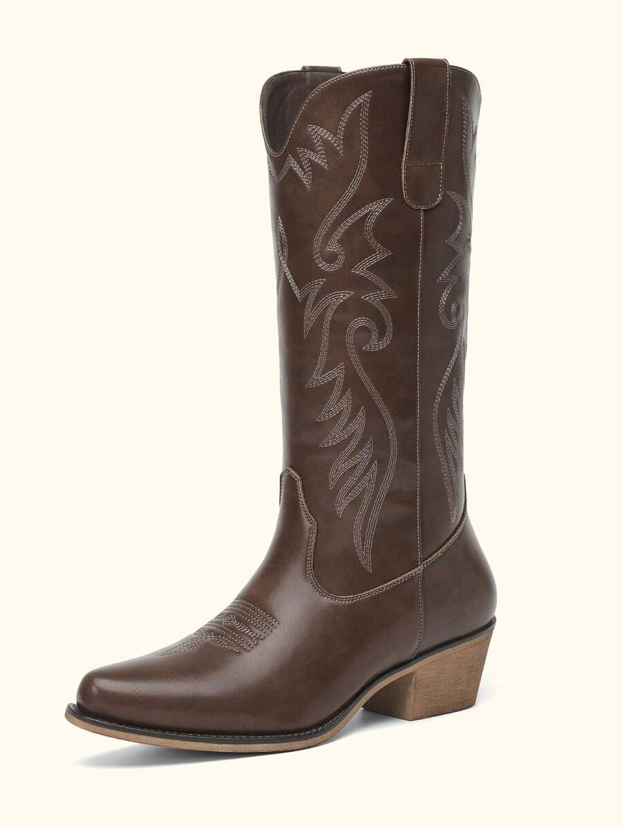 Alsoloveu Women's Embroidered Cowboy Boots - Western Snip Toe, Chunky Heel, Mid Calf, Pull-On - View #11