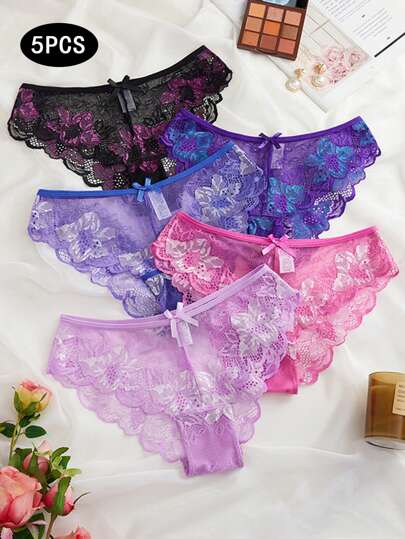 5pcs/Set Sexy Low Waist Lace Lingerie For Women, Breathable Hollow Out Lace, European American Style, Triangle Briefs With Butt-Lifting Design