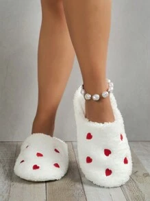 Heart Embroidery Fluffy Bedroom Slippers - White - View 3