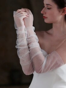 1 双简约白色长款防紫外线臂套新娘手套，适用于婚礼、晚会和正式礼服配饰，圣诞秋季配饰 - 白色 - 查看 5