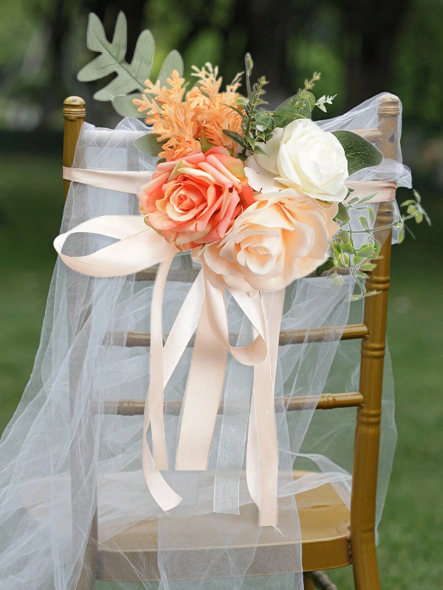 1入組婚禮椅子花裝飾人工花藝擺設椅背走道花裝飾,適用於婚禮、派對等場合