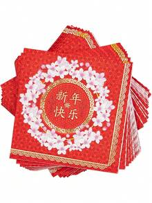 Sparkle and Bash 50 张中国新年餐巾纸（带金箔），5 X 5 英寸，3 层红色一次性纸巾，适用于派对礼品、桌面、庆典、春节、午餐会、自助餐、装饰用品、节日、派对、圣诞派对 - 紅白色 - 查看 3