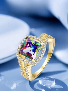 1pc Gorgeous Luxurious Exquisite & Unique Design Square Cubic Zirconia Ring, Ideal For Valentine's Day & Anniversary Gift - Blue - View 3