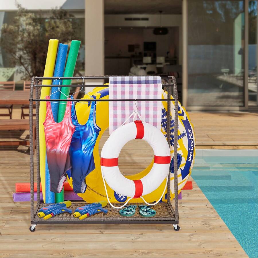 5-Bar Poolside Towel Rack - Outdoor Organizer With Compartment For Pool ...