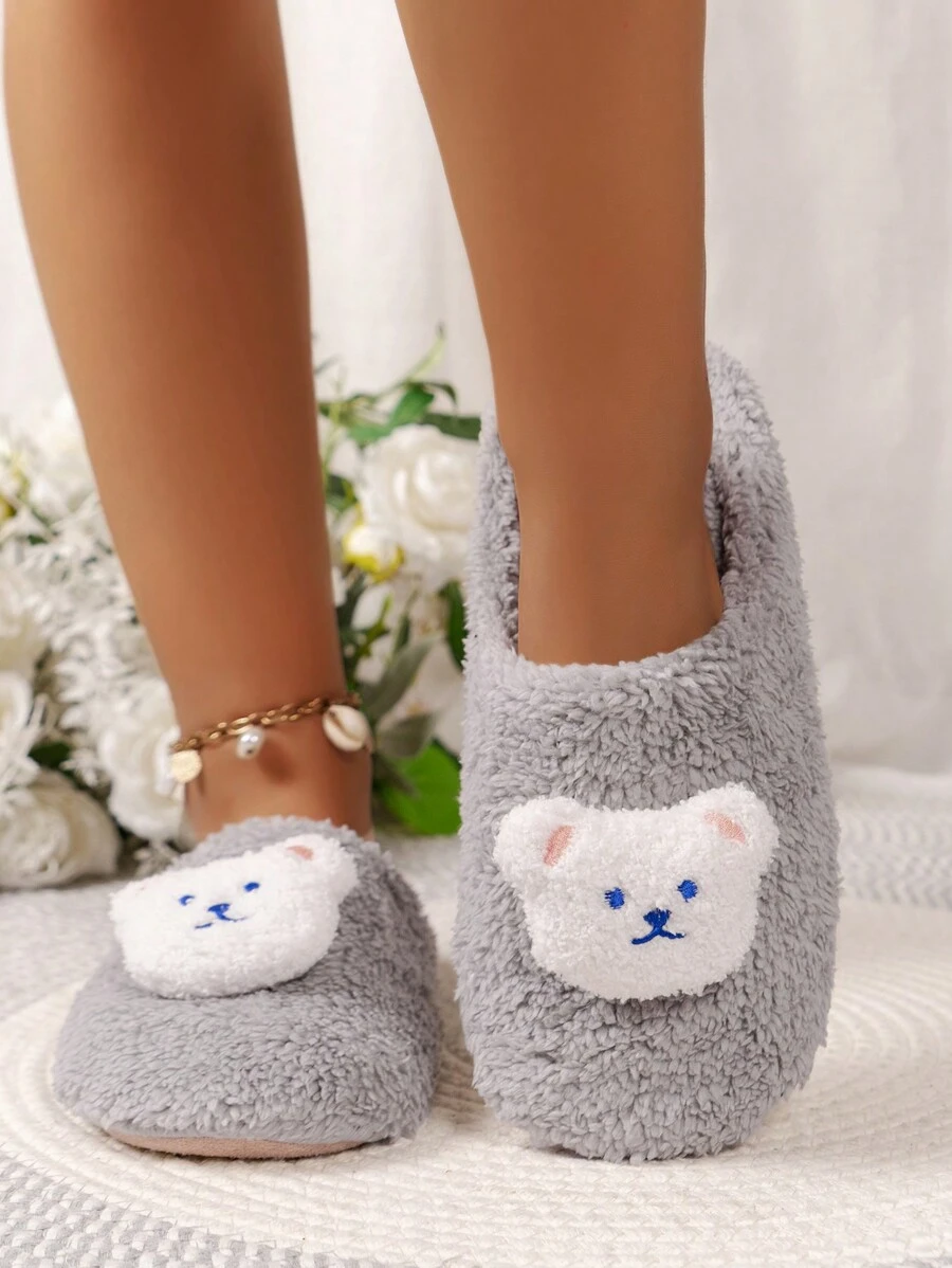 Bear Decor Fluffy Novelty Slippers - Light Grey - View 1