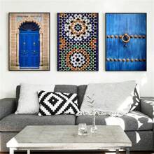 3入組摩洛哥門藍色城市海報阿拉伯建築帆布畫旅行風景壁畫客廳裝飾家居裝飾,不含框架 - 彩色 - 查看 4