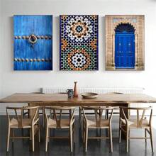3入組摩洛哥門藍色城市海報阿拉伯建築帆布畫旅行風景壁畫客廳裝飾家居裝飾,不含框架 - 彩色 - 查看 5