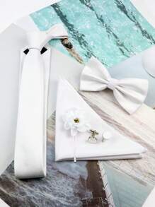 5入組男士優雅純白格紋領帶、蝴蝶結、口袋方巾、袖扣和胸花,適用於婚禮及日常穿著 - 白色 - 查看 5