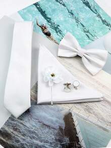 5入組男士優雅純白格紋領帶、蝴蝶結、口袋方巾、袖扣和胸花,適用於婚禮及日常穿著 - 白色 - 查看 4