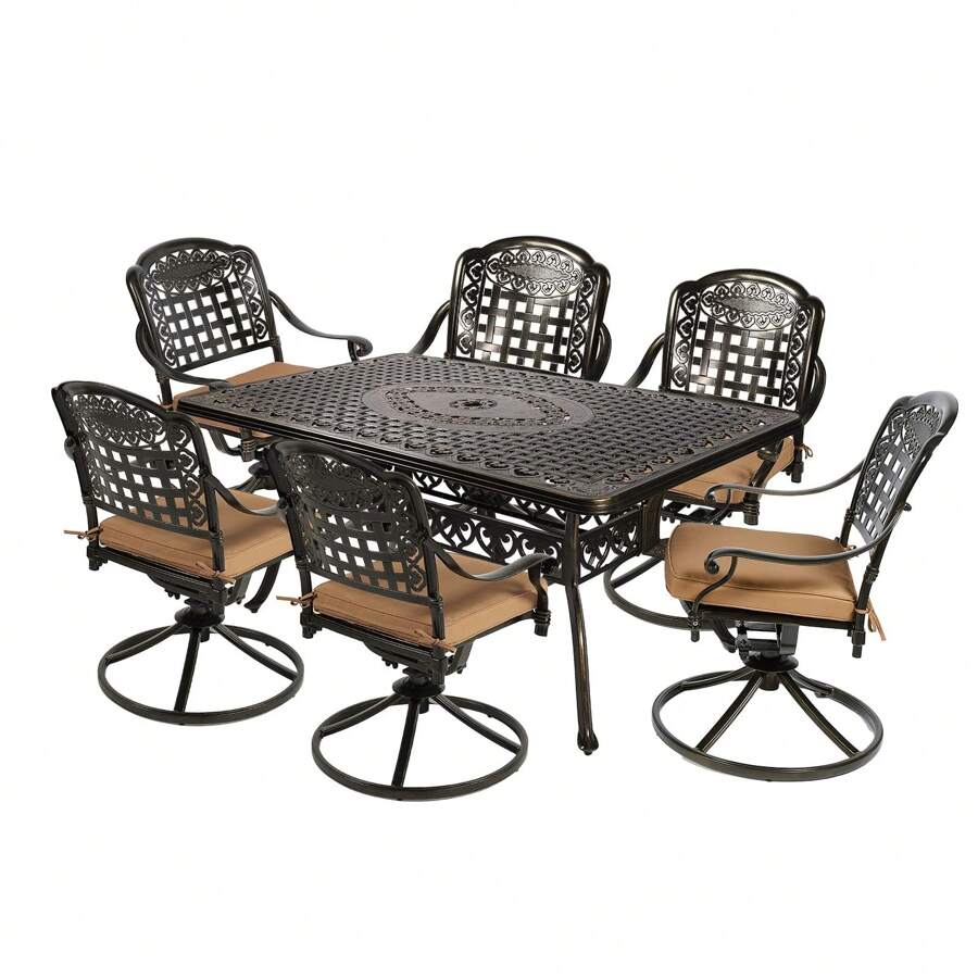 MEETWARM 7-Piece Outdoor Patio Dining Set, All-Weather Cast Aluminum Patio Conversation Set With 6 Cushioned Swivel Rocker Chairs For Backyard Garden Deck, 1 Rectangular Table - Đồng đậm/Tân - Xem 1