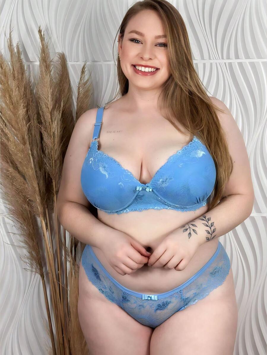 Plus Size Bra & Panty Sets - Màu xanh lam - Xem 1