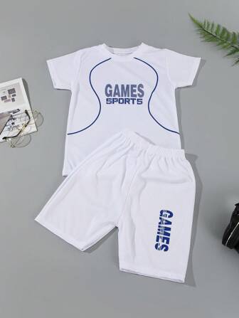 2pcs Young Boys' Casual Sports Suit With Letter Print Short Sleeve Top And Shorts, Quick-Dry, Summer