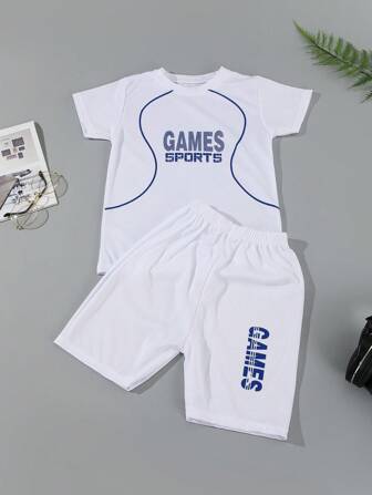 Conjunto De 2 Peças Esportivo Casual Para Meninos Jovens Com Top De Manga Curta E Shorts Com Impressão De Letras, Secagem Rápida, Verão