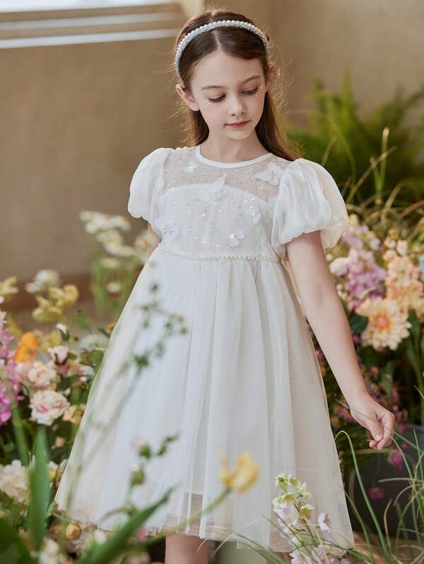 فستان فتاة مراهقة يتميز بأكمام فراشة منتفخة، فقاعي، للصيف