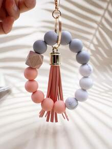 1pc Minimalist Beaded Keychain, Handmade Tassel Keyring, Women's Fashion Silicone Bead Wrist Lanyard - Marble Print Charm, Bag Accessory, Gift For Friends, Mom, Teachers - Multicolor - View 16
