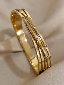 1入金色十字不鏽鋼手鍊,適用於女士、少女,鑲嵌鑽石珠寶,厚實優雅手鍊,日常派對珠寶,母女配戴 - 金黃色 - 查看 4