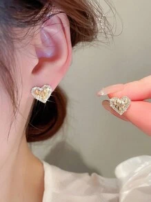Fashionable Heart Shaped Stud Earrings With Folds And Full Of Rhinestones, Suitable For Festive Parties, Weddings, And Valentine's Day Exclusive Gift Valentines,Mom,Mother,Mother's Day,Gift