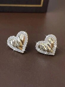 Fashionable Heart Shaped Stud Earrings With Folds And Full Of Rhinestones, Suitable For Festive Parties, Weddings, And Valentine's Day Exclusive Gift Valentines,Mom,Mother,Mother's Day,Gift