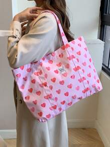 印花手提袋，休闲，购物，单肩包，旅行包，大号单肩包，新款夏季包，妈妈旅行包，简约针织手提袋，秋冬季，粉色 - 粉色 - 查看 2