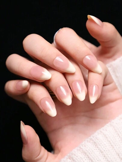 24 片装短款杏仁形指甲棺材全覆盖裸粉色渐变法式假指甲，带粘片和 1 支果冻凝胶，适合日常佩戴按压式指甲美甲用品