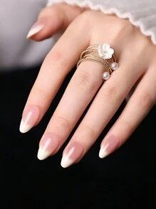 24 Pcs Short Almond-Shaped Nail Coffin Full Cover Nude Pink Ombre French False Nails With Adhesive Tabs & 1 Jelly Gel, Suitable For Daily Wear Press On Nails